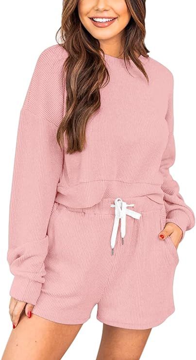 Amazon.com: KIKIBERRY Women's Long Sleeve Lounge Set with Short Casual 2 Piece Knit Crewneck Outf... | Amazon (US)