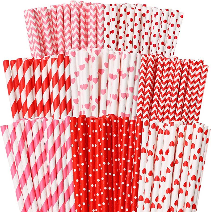 Cooraby 200 Pieces Valentine's Day Paper Straws Red and Pink Biodegradable Drinking Hearts Stripe... | Amazon (US)