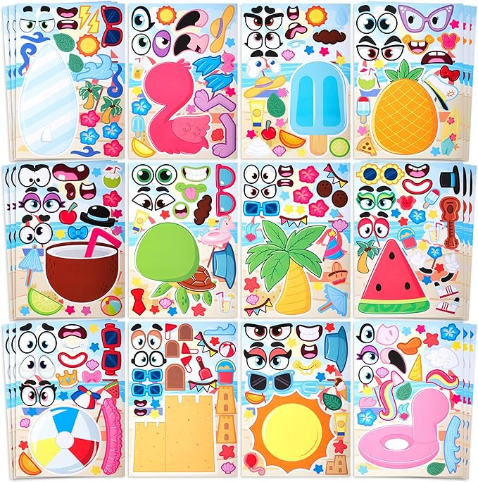 JOYIN 36 Pcs 9"x6" Summer Scene Make a face Stickers for Kids, Make Your Own Summer Sticker Sheet... | Amazon (US)