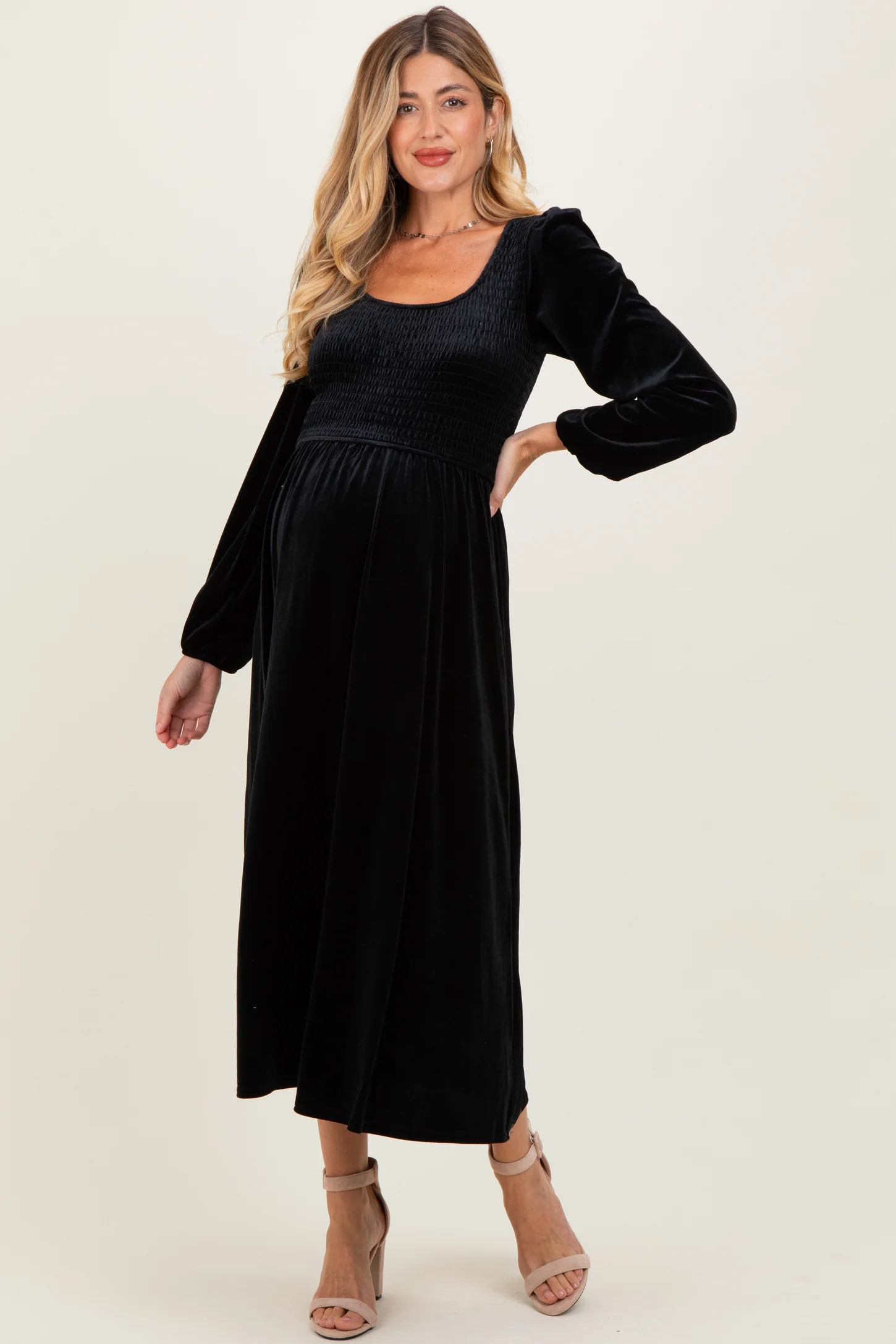 Black Velvet Smocked Long Sleeve Maternity Midi Dress | PinkBlush Maternity