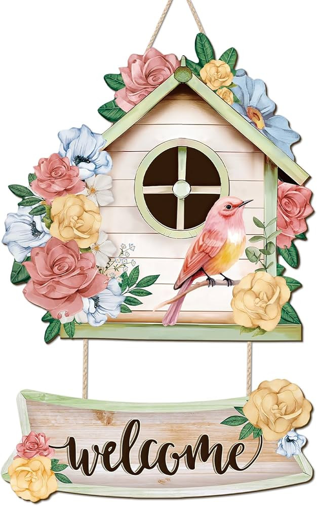 CHDITB Welcome Spring Wooden Sign, Floral Birdcages Wooden Hanging Plaque, Pink Birds Flowers Fro... | Amazon (US)