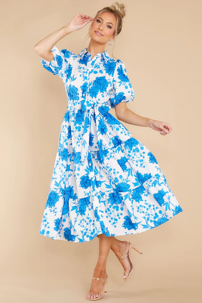 Timeless Touch White And Blue Floral Print Midi Dress | Red Dress 