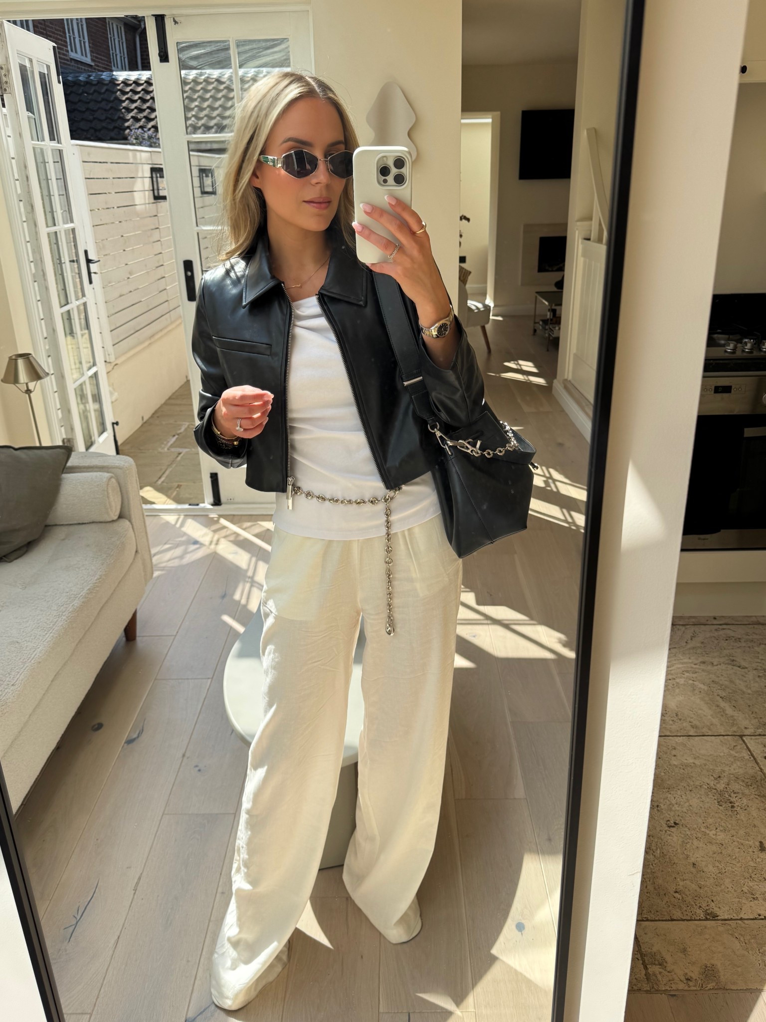 Summer in the city wearing full high-street minus the bag and sunglasses ❤️ the perfect linen blend trousers and faux leather jacket 