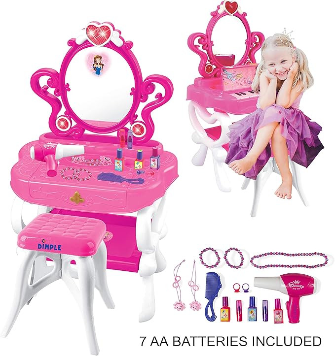 2-in-1 Musical Piano Vanity Set Girls Toy Makeup Accessories with Working Piano & Flashing Lights... | Amazon (US)