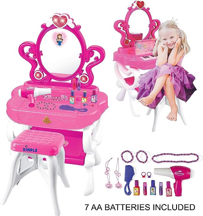 2-in-1 Musical Piano Vanity Set Girls Toy Makeup Accessories with Working Piano & Flashing Lights... | Amazon (US)