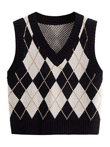 SweatyRocks Women's Plaid Geo Sleeveless V Neck Knit Crop Top Sweater Vest | Amazon (US)