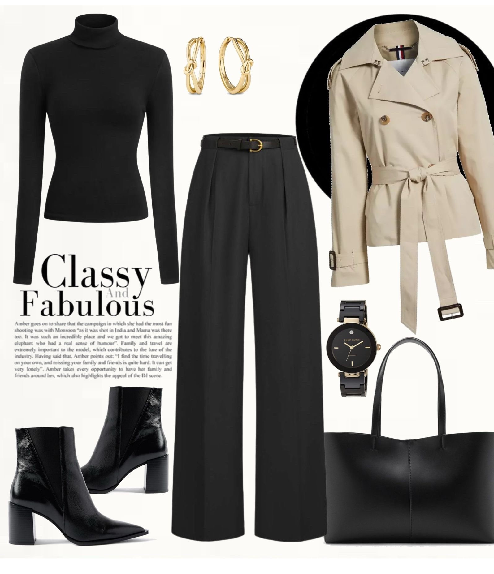 Black fitted turtleneck with black tailored wide-leg trousers, layered with a light beige trench jacket for a timeless feel. Paired with black heeled ankle boots, a structured black tote bag, gold earrings, and a minimalist black watch.
#classicstyle #minimalwardrobe #effortlesschic 

#LTKOver40 #LTKootd #LTKSeasonal