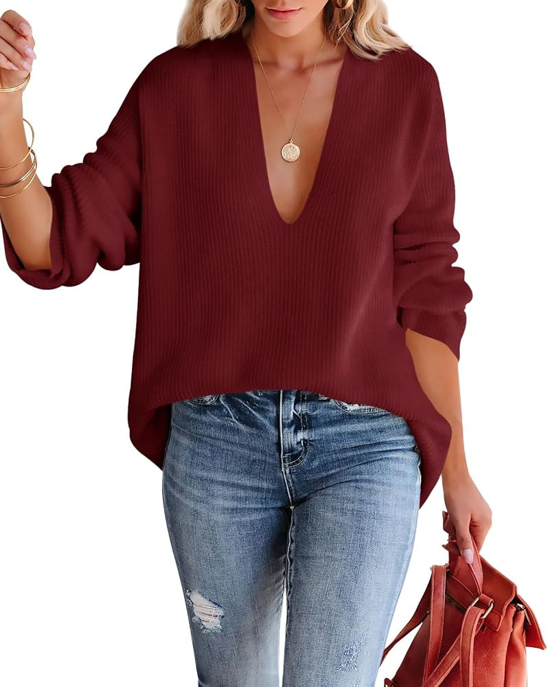 Imily Bela Deep V Neck Sweaters Tunic Sweater Knitted Pullover Jumper | Amazon (US)