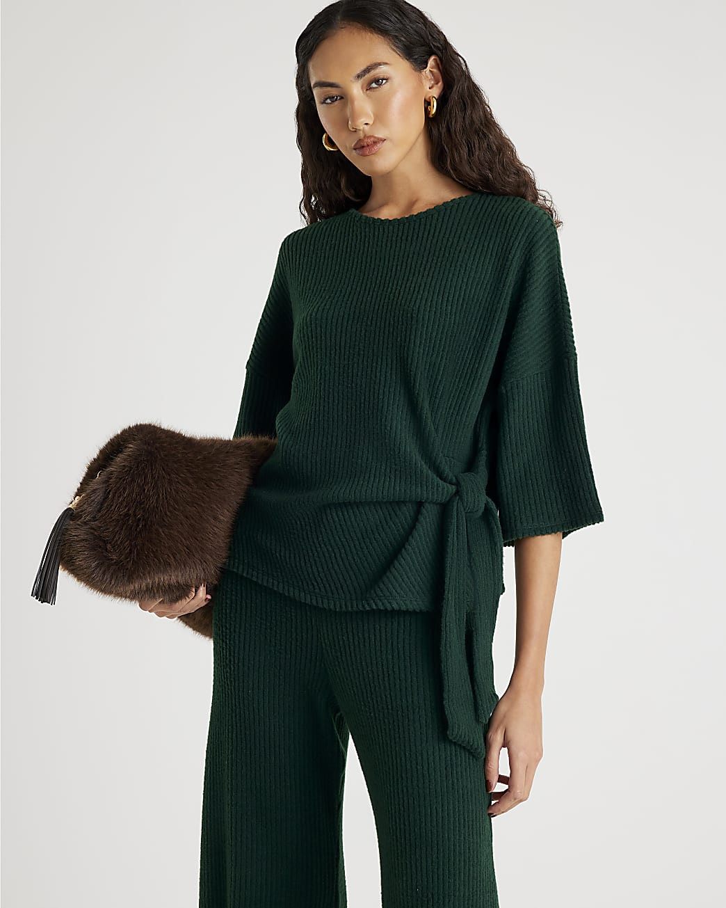 Khaki Short Sleeve Cosy Ribbed Tie Detail Top | River Island UK & IE