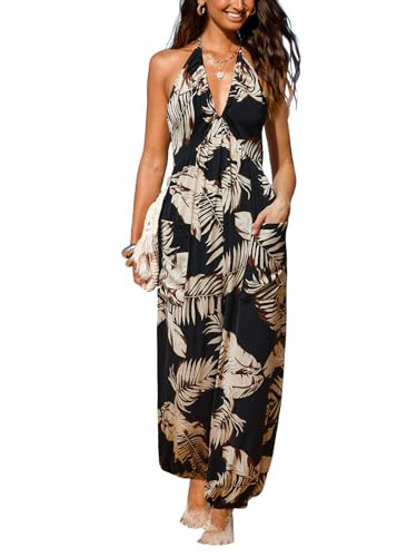 CUPSHE Women's Summer Jumpsuit Plunge Halter Sleeveless Pleated Long Romper Knit Jogger Maxi Overall with Pockets Black Tropical, XL | Amazon (US)