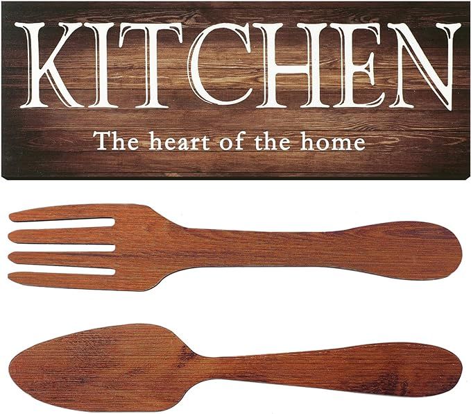 Kitchen Sign Set, Fork and Spoon Wall Decor Kitchen The Heart of The Home Sign Wood Rustic Kitche... | Amazon (US)