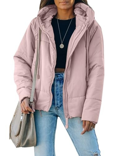Dokotoo Womens Ladies Cute Warm Winter Coats for Women Oversized Hooded Bomber Puffer Jackets Full Zipper Front Drawstring Fashion Baggy Short Coat Warm Comfy Soft Outerwear with Pockets Pink Medium | Amazon (US)