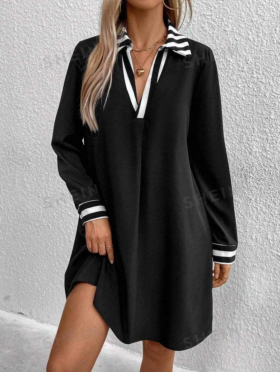 SHEIN LUNE Patchwork Striped Border Loose Casual Dress | SHEIN