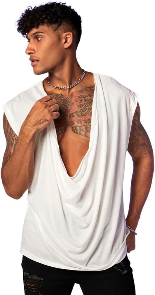 WDIRARA Men's Cowl Neck Draped Cap Sleeve Tank Top Summer Casual T Shirt Tops | Amazon (US)