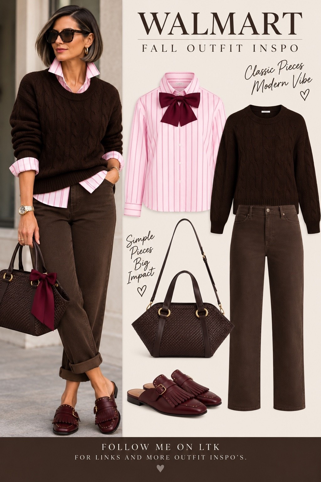 Pink stripes with chocolate brown? Yes. Then the burgundy mules and that little bow come in and make the whole thing click. 🤎 This is the kind of fall outfit I love—classic pieces, but styled with just enough personality to keep things interesting. And every piece is from Walmart.

Which detail got you first—the pink shirt, the mules, or that bag? #WalmartFashion #WalmartStyle #FallOutfitInspo #FallStyle #Over40Style #Over50Style #ClassicStyle #EverydayStyle #AffordableFashion #LTKStyle

#LTKootd #LTKOver40 #LTKMidsize