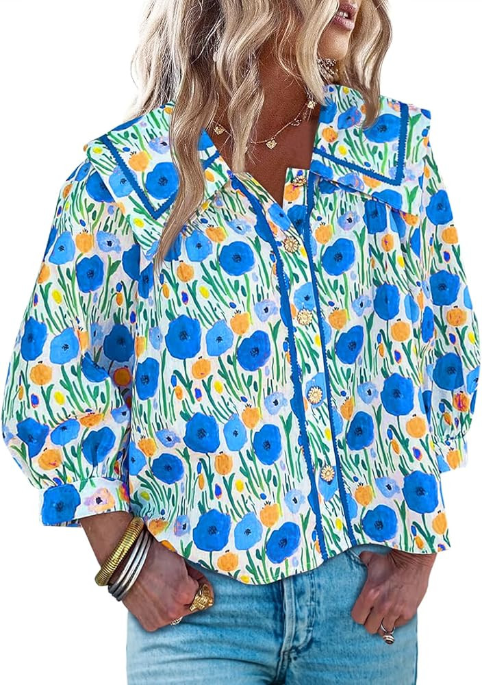 Cicy Bell Womens Floral Button Down Shirts Trendy Casual 3/4 Lantern Sleeve Blouse Square Neck Co... | Amazon (US)