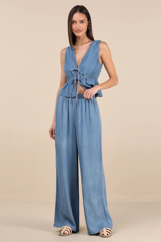 Maldwyn Blue Chambray High-Rise Wide-Leg Pants | Lulus