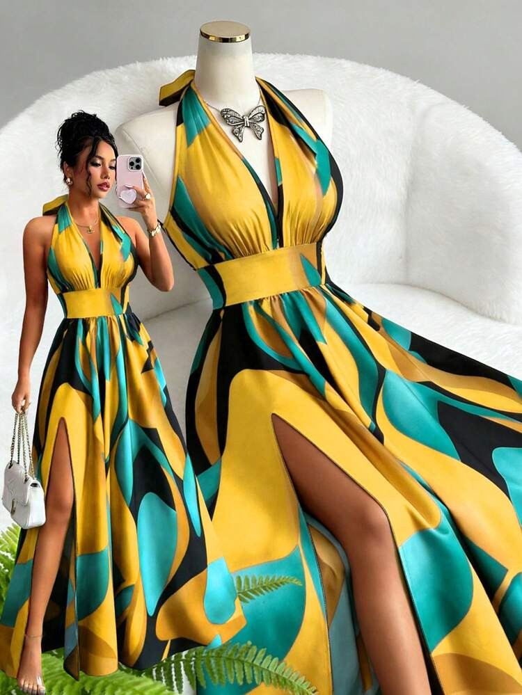Elenzga French Elegant V-Neck Halter Backless A-Line Split Maxi Dress,Yellow Floral Print Summer ... | SHEIN