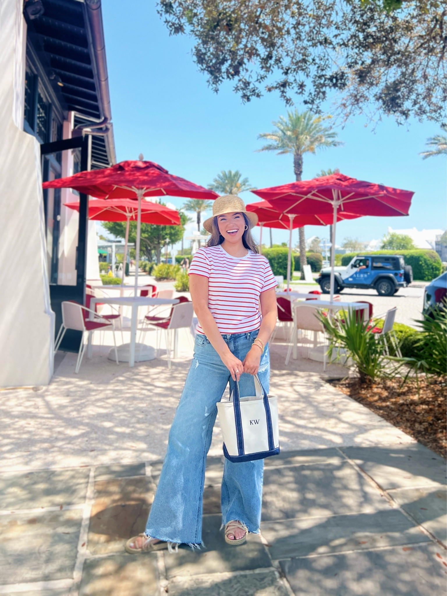 Casual beach vacation outfit for 4th of July, Memorial Day weekend, etc on 30A! Americana vibes striped top bucket hat