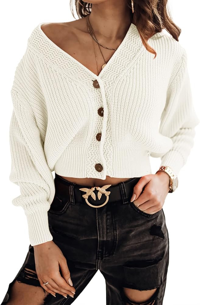 Febriajuce Women's Long Sleeve V-Neck Button Down Rib Knit Cropped Cardigan Sweater | Amazon (US)