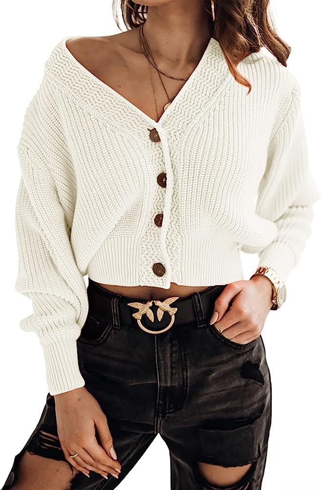 Febriajuce Women's Long Sleeve V-Neck Button Down Rib Knit Cropped Cardigan Sweater | Amazon (US)