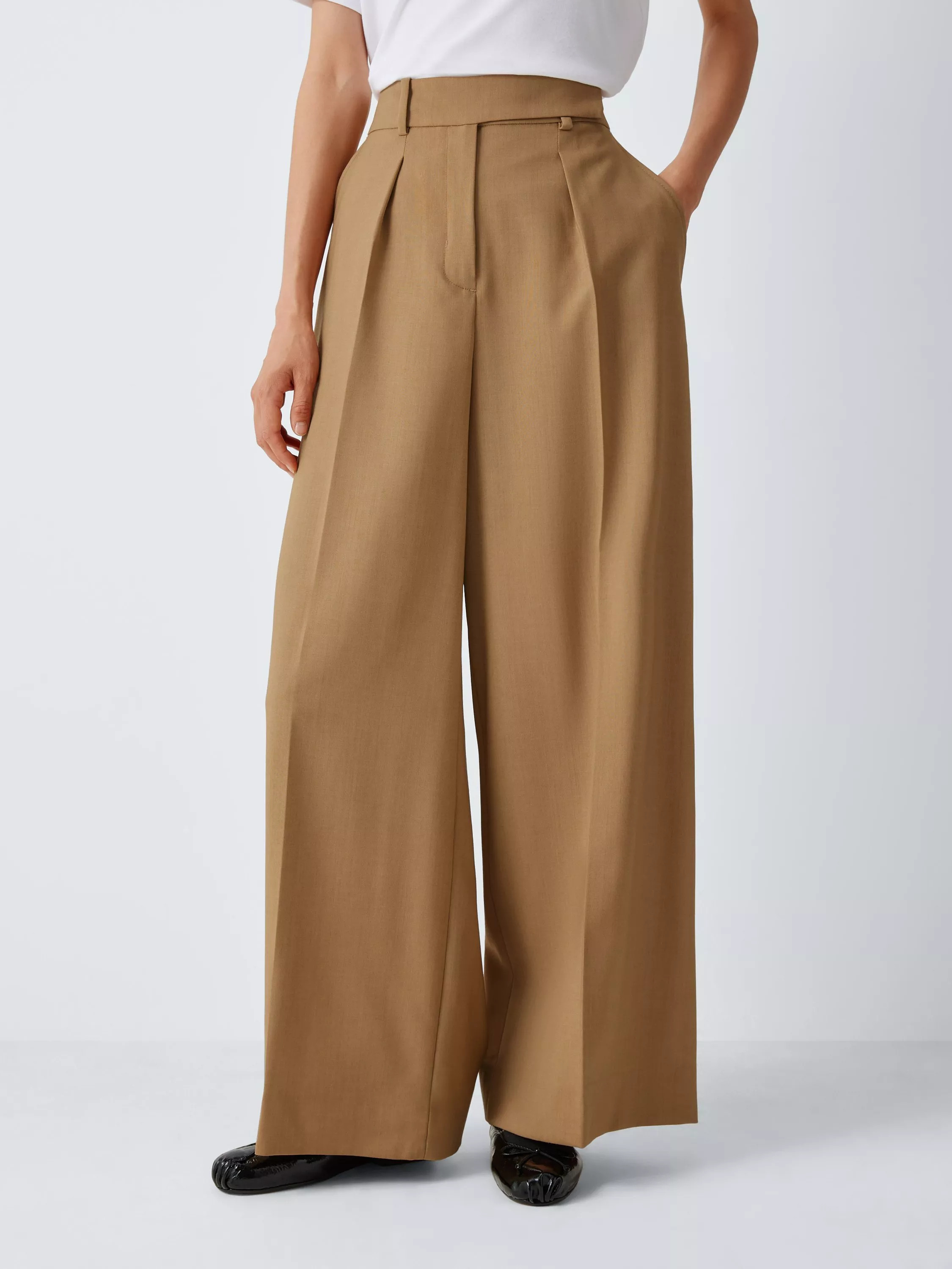 Wide Leg Pure Wool Trousers, Camel, 14 | John Lewis (UK)
