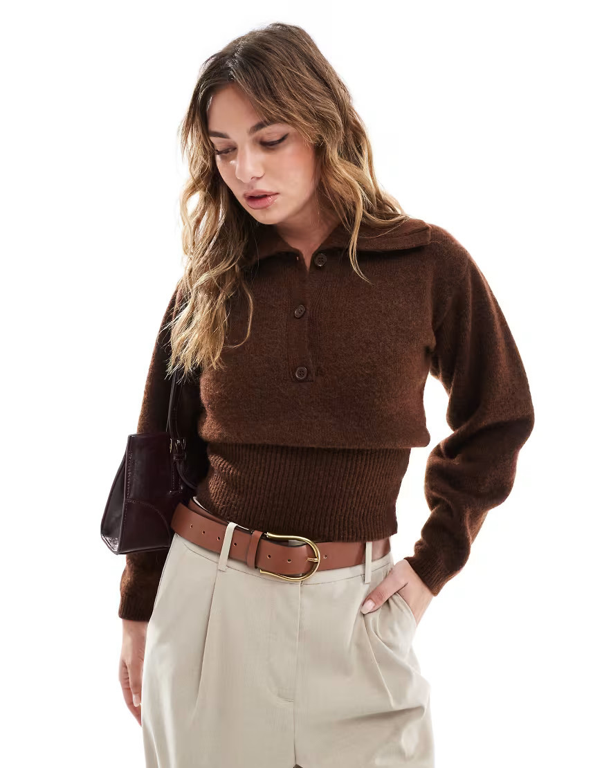 ASOS DESIGN knitted collared jumper in chocolate brown | ASOS (Global)