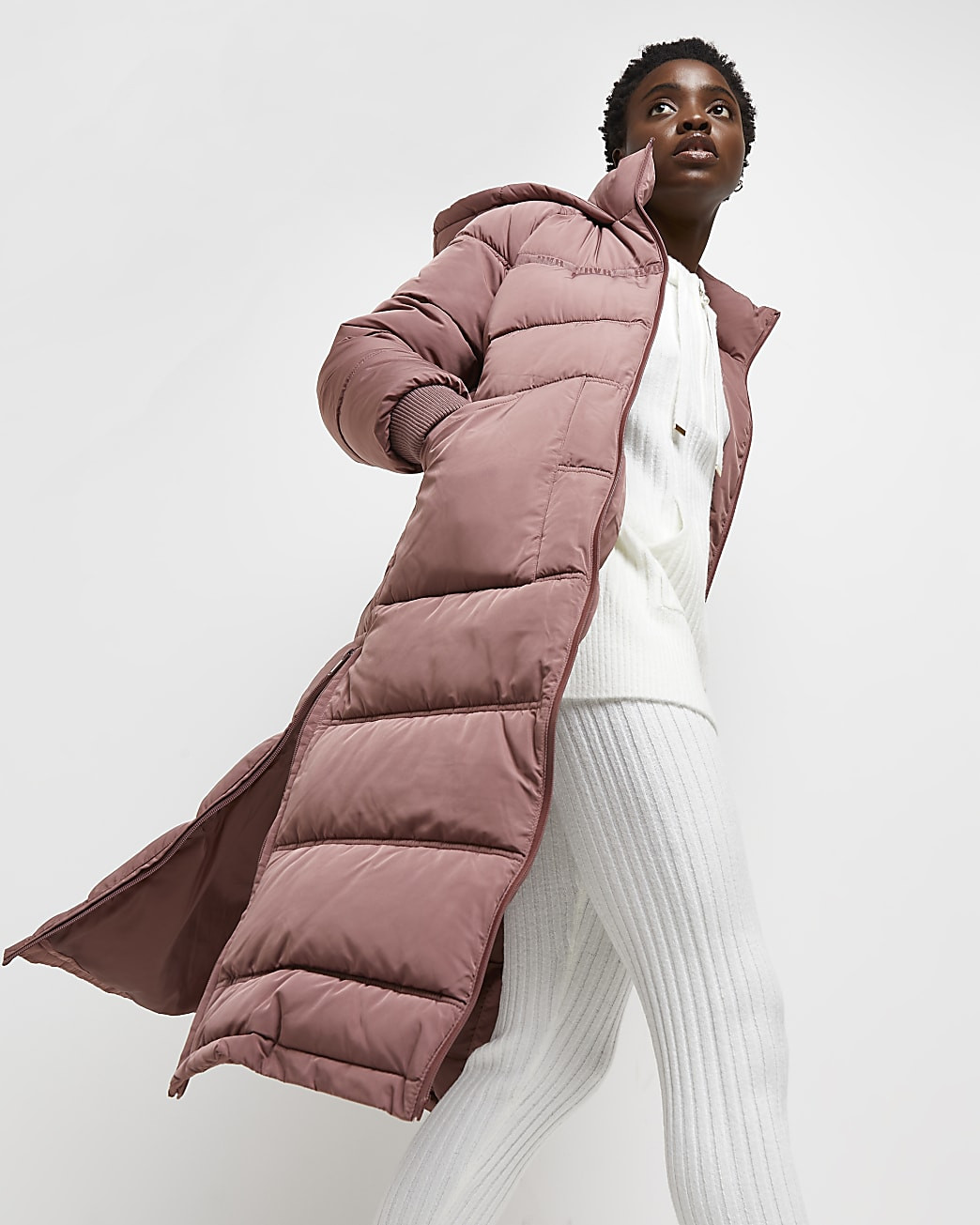 Pink zip detail longline puffer coat | River Island (UK & IE)