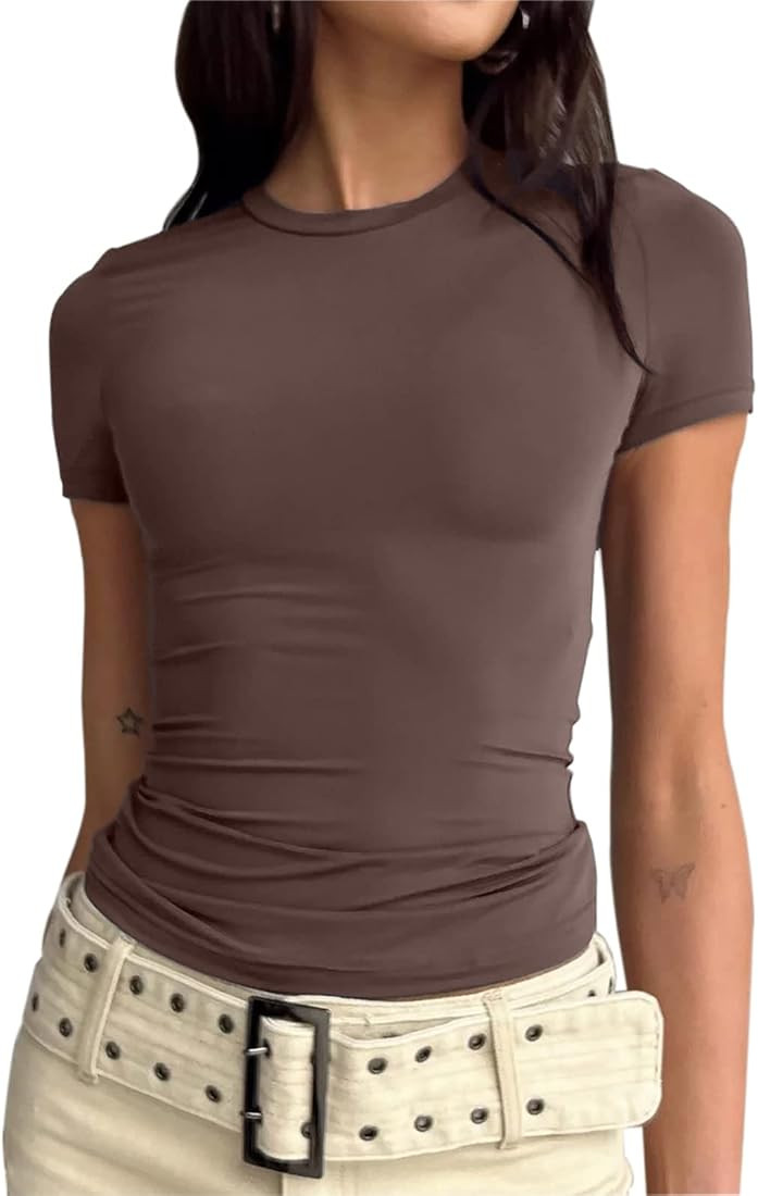 BAIGRAM AKLOPVII Women’s Basic Slim fit Crop Top Tee Shirt Short Sleeve Workout Round Neck Crop... | Amazon (US)