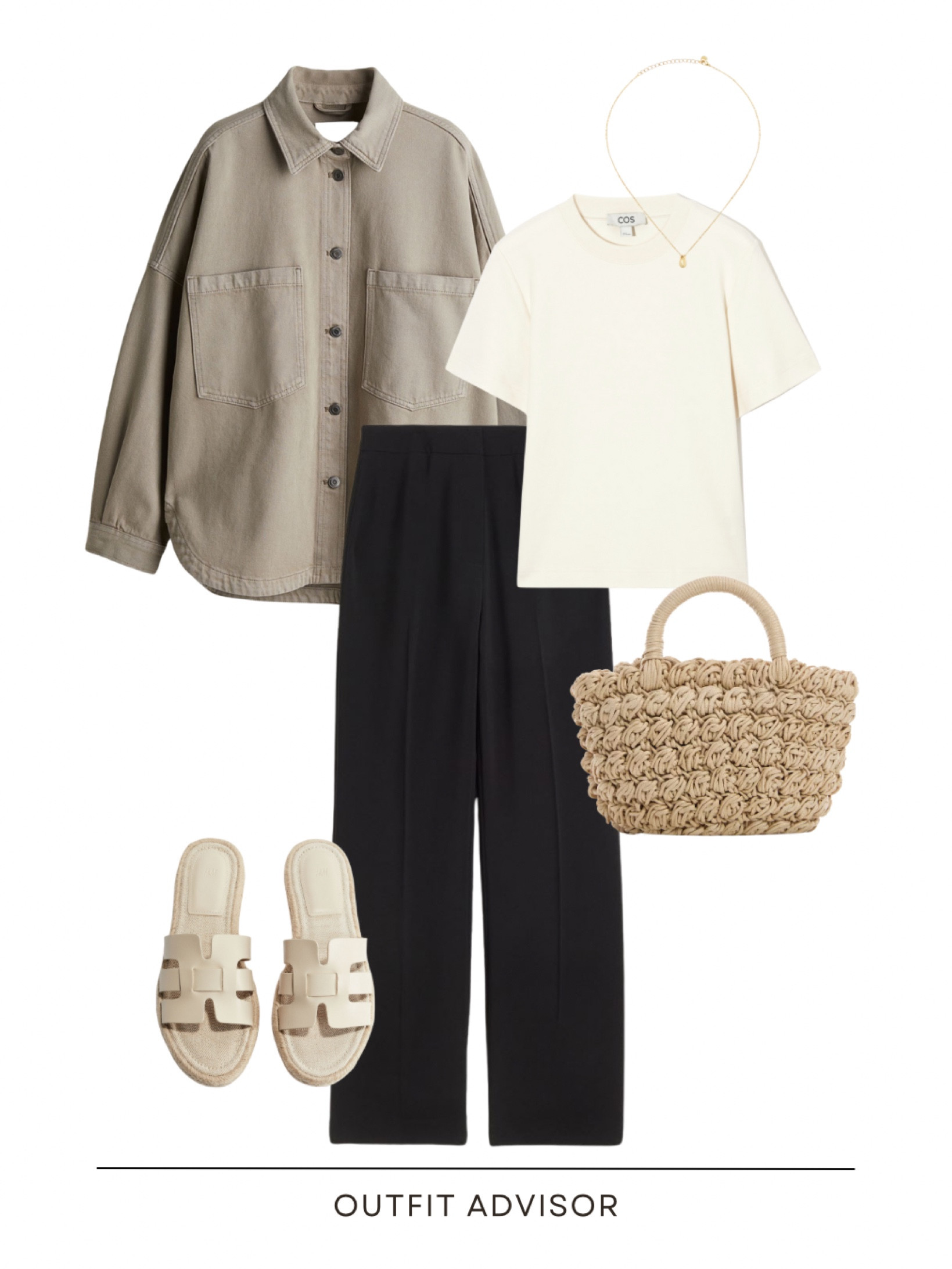 Transitional summer outfit inspo: a green shacket, cream shirt sleeve tee, black wide leg trousers, sandals, a gold pendant necklace and a small wicker bag

#LTKstyletip #LTKshoecrush #LTKmidsize