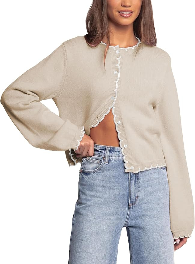 Women's Lightweight Button-Up Cardigan with Scallop Trim Crewneck Long Sleeve Knit Sweater | Amazon (US)