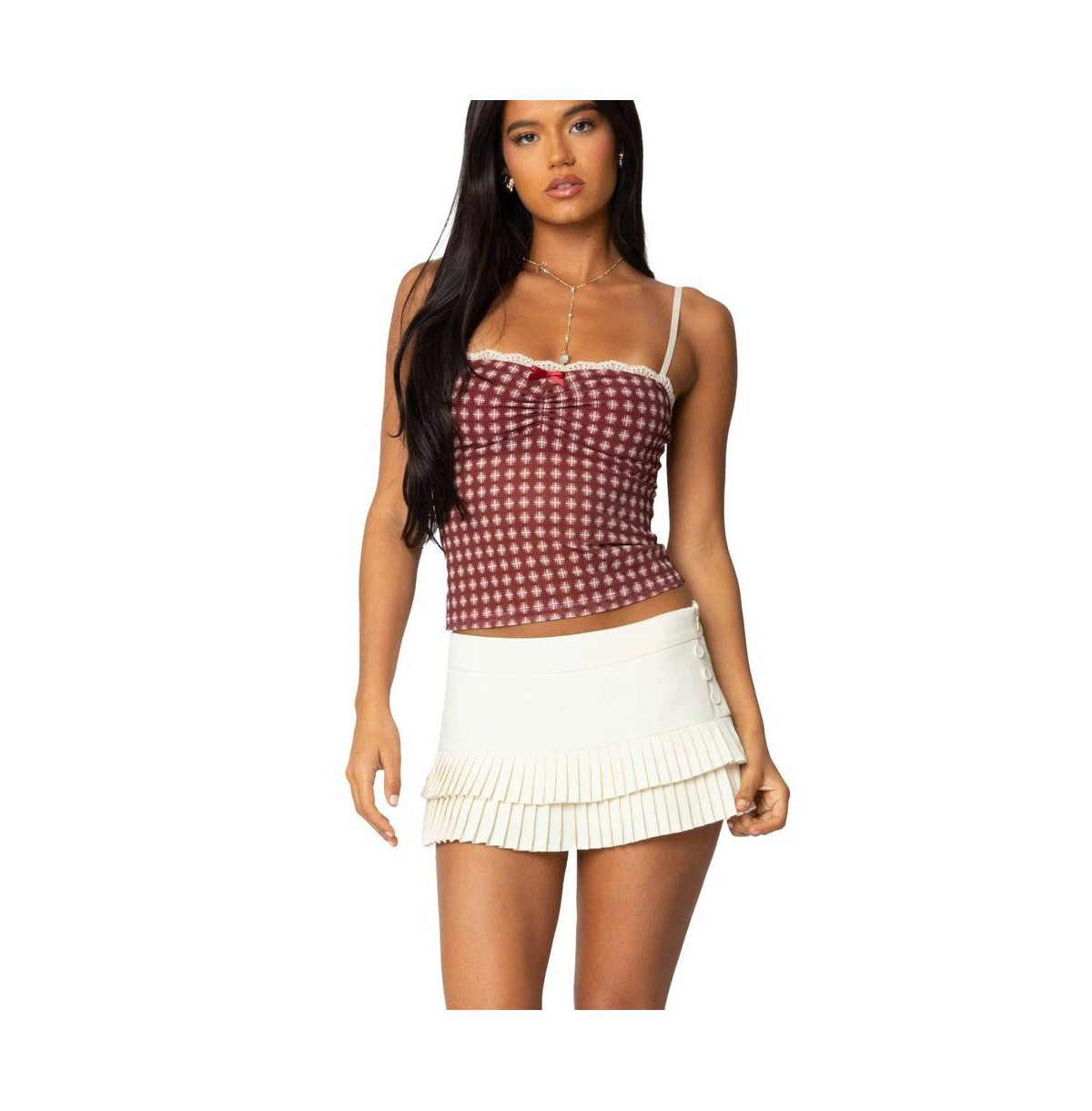 Edikted Womens Checkered Mesh Built In Bra Top - Burgundy | Macy's