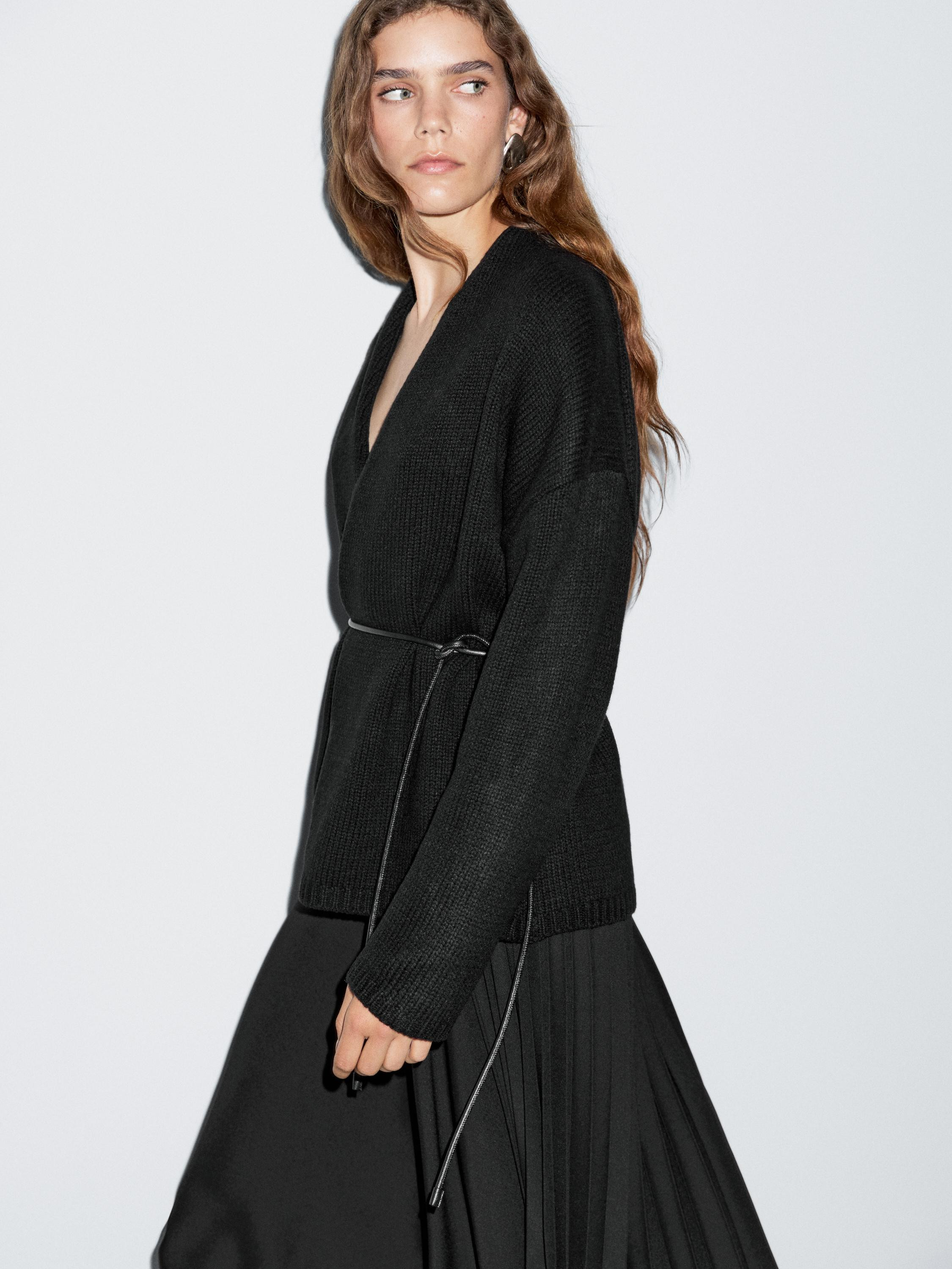 Long knit cardigan with belt | Massimo Dutti US