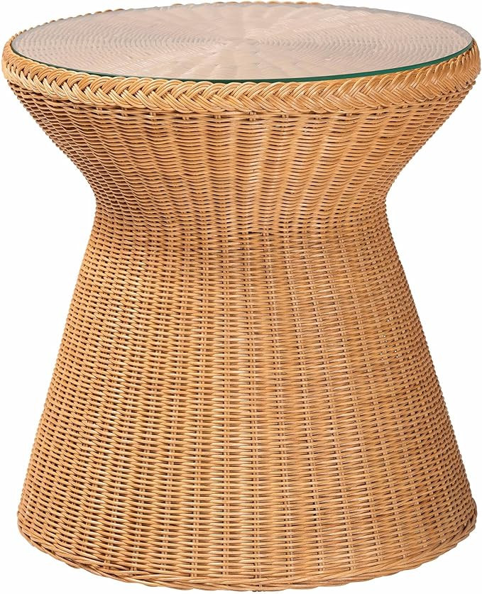 Amazon.com: Bali & pari Nina Handwoven Rattan Hourglass Side Table with Glass Top – Boho Wicker... | Amazon (US)