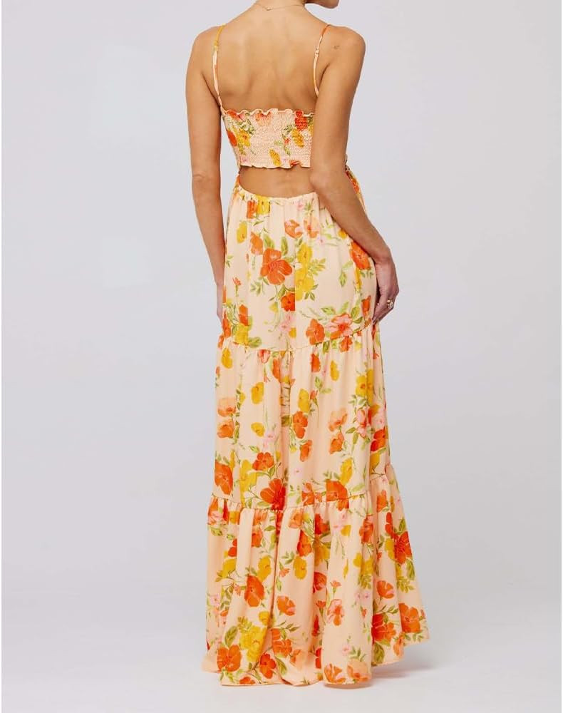 Women Floral Maxi Dress Tie Front Cut Out Backless Boho Spaghetti Strap Summer Beach Sundress | Amazon (US)