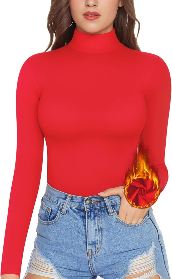 MANGOPOP Women's Mock Turtle Neck Fleece Lined Long Sleeve Thermal Underwear T Shirt Tops Tee | Amazon (US)