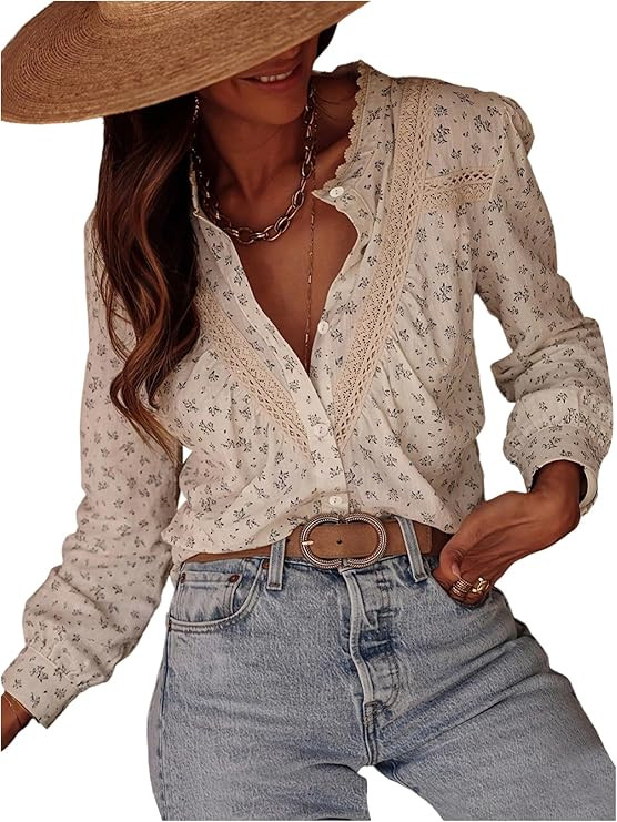 SHENHE Women's Boho Floral Peasant Blouse Button Down Long Sleeve Lace Trim Dressy Shirt Top | Amazon (US)