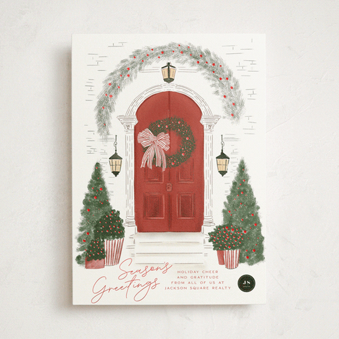 "A Door" - Customizable Foil-pressed Business Holiday Cards in Red by Jenna Holcomb. | Minted