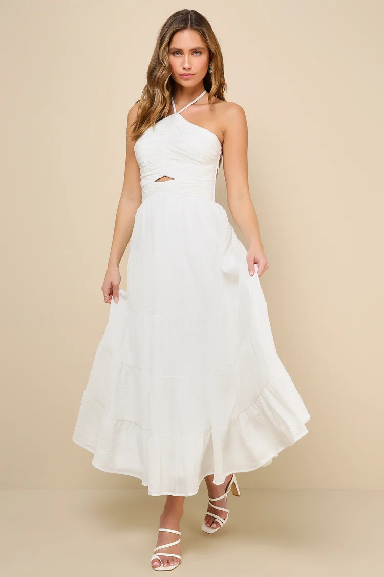 Effortless Sweetness White Ruched Lace-Up Tiered Midi Dress | Lulus