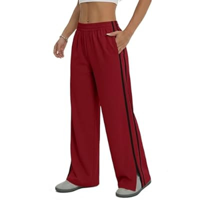 Fisoew Womens Wide Leg Pants Casual Baggy Elastic Waist Side Slit Contrast Stitch Loose Work… | Amazon (US)