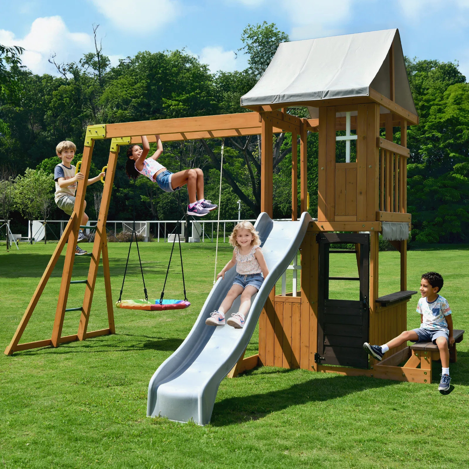 Cedar Wooden Swing Set with 8' Wave Slide, Metal Monkey Bar, Clubhouse, Playhouse, and Snack Bar ... | Wayfair North America