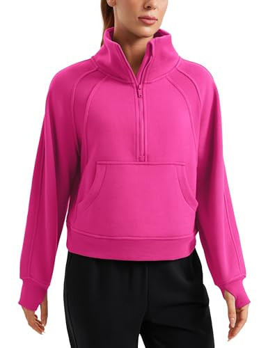 CRZ YOGA Womens Fleece Lined Half Zipper Sweatshirts Funnel Neck Long Sleeve Oversized Pullover Hoodies with Thumb Holes Hibiscus Purple XX-Small | Amazon (US)