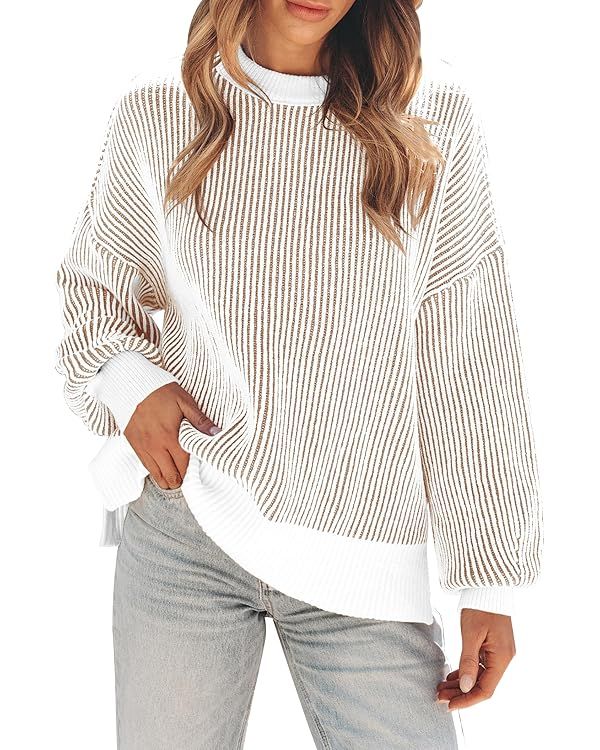 Womens Sweaters Fall 2024 Clothes Oversized Long Sleeve Colorblock Striped Knit Pullover Tops Cas... | Amazon (US)