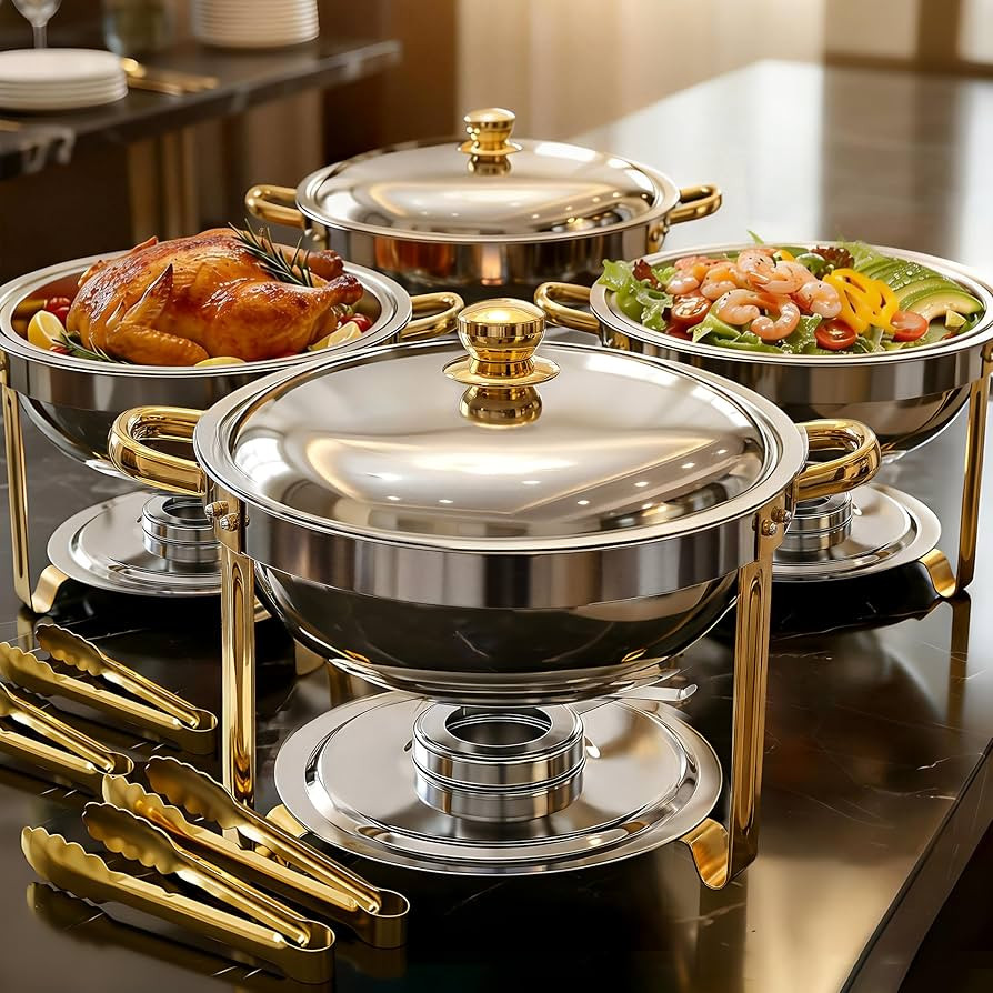 ALSO GO Round Chafing Dishes for Buffet with Serving Tongs, 7QT Chafing Dishes Buffet Set, Golden... | Amazon (US)