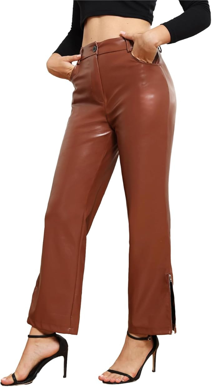 CXXQ Faux Leather Wide Leg Pants Womens High Waist Zipper Split Hem Straight PU Pants 2 Pockets | Amazon (US)