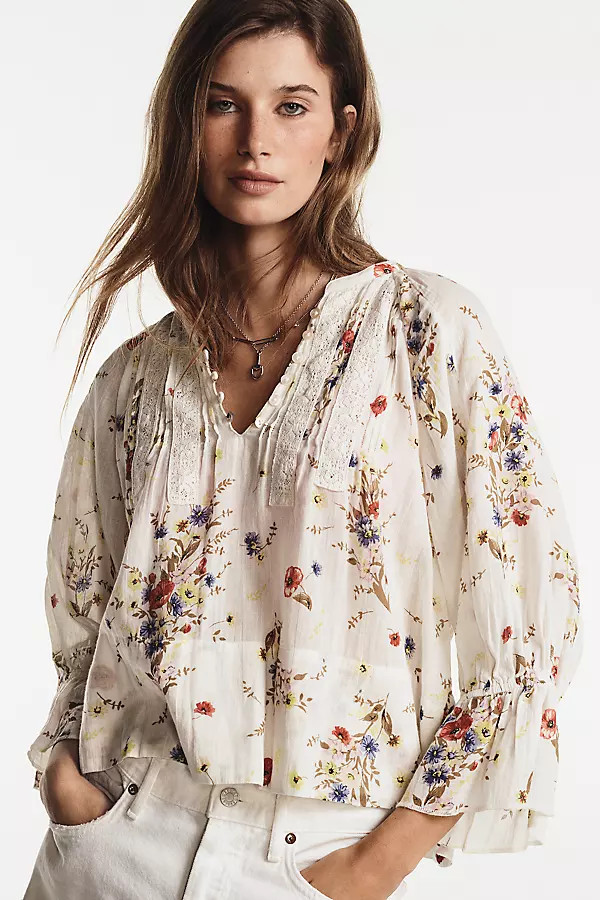 By Anthropologie Cotton Pintuck V-Neck Blouse | Anthropologie (US)