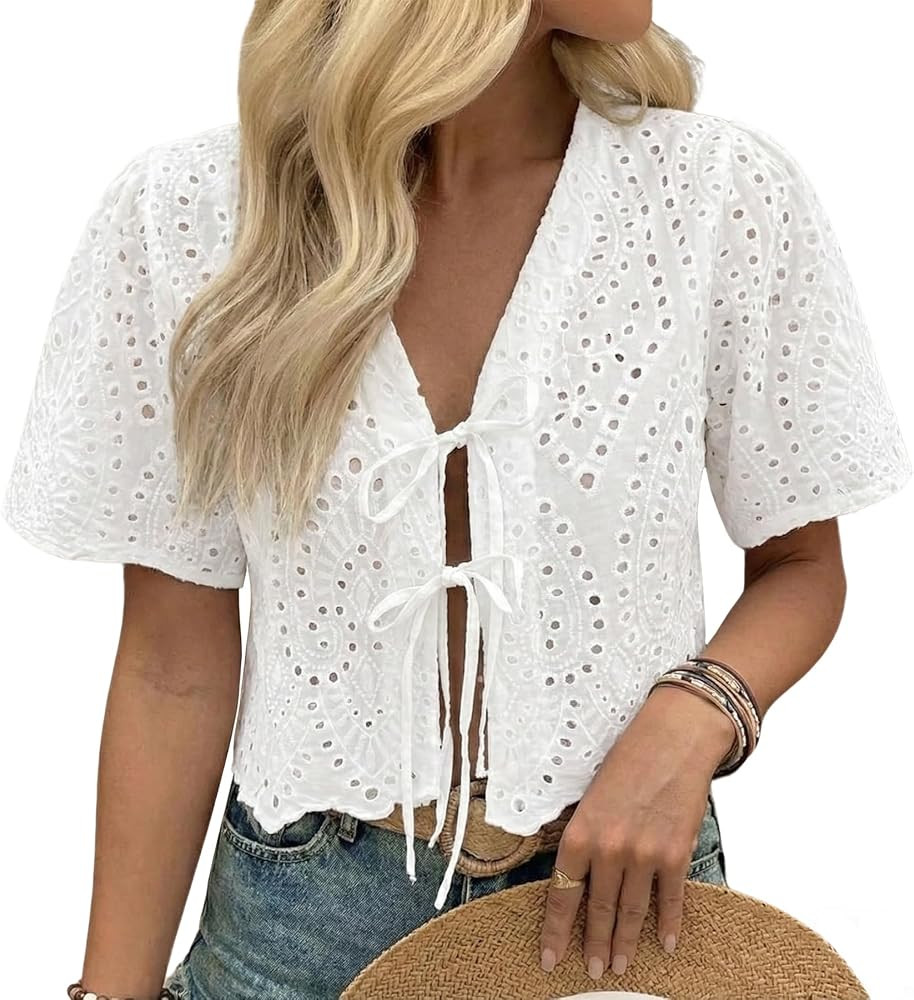 Women's Summer Vacation Eyelet Lace Blouse 100% Cotton Tie Front Short Sleeve Cropped Top | Amazon (US)