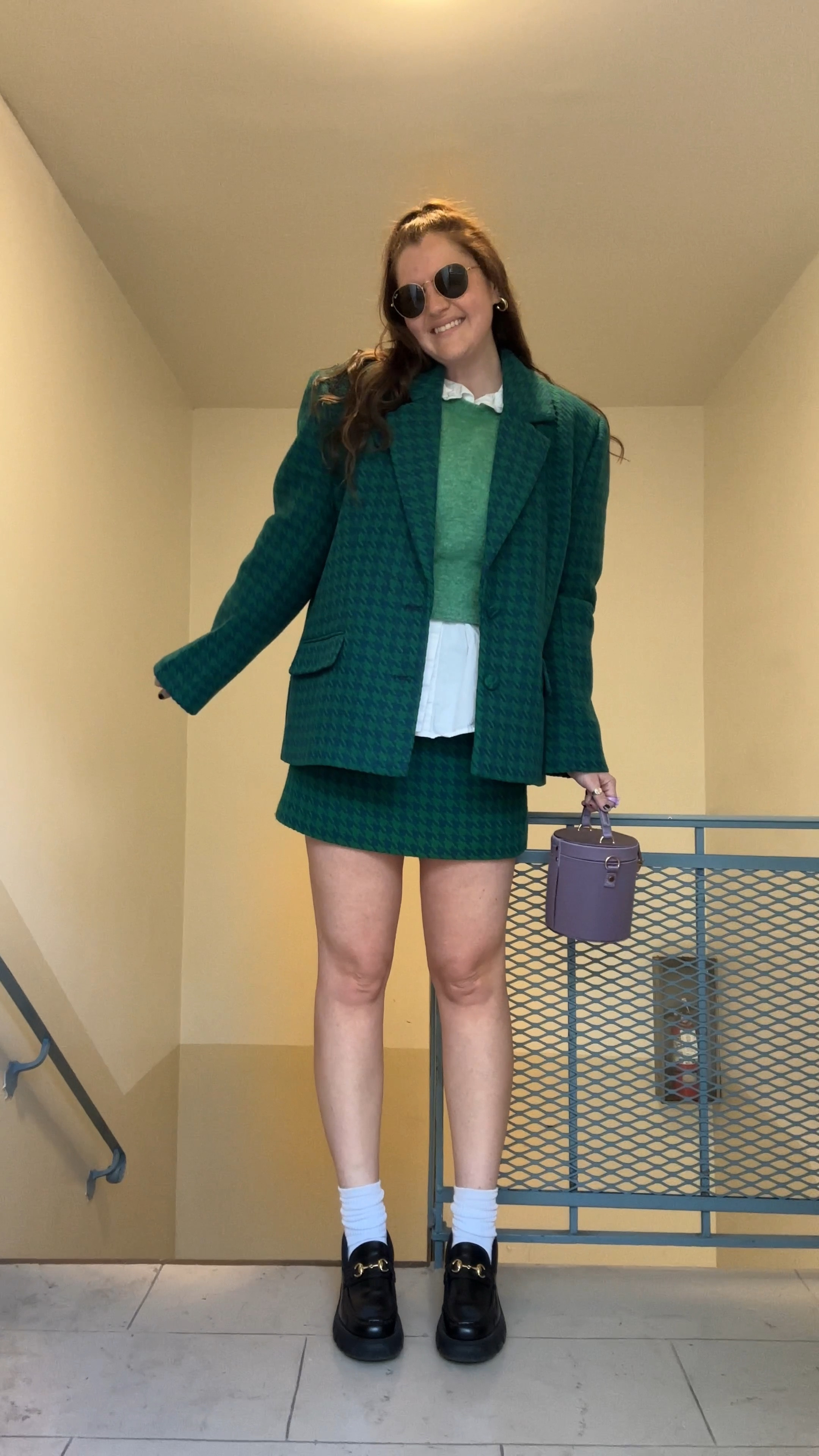 Revolve Lovers and friends x Rachel Hadley Blazer, matching set, purple and green houndstooth, work outfit, fall / winter, jacket and skirt set, new arrivals from sezane, fall / winter, sezane paris mohair and merino wool long-sleeve jumper, louise meadow green sweater, long sleeve, white button down top, wear to work, office outfit, purple circle bag, gold jewelry from Amazon (hoop earrings, rings), colorful clothing, gucci Romance Horsebit-chain chunky-sole leather loafers, Amazon Hanes Women's Value, Crew Soft Moisture-Wicking Socks, on sale now

#LTKstyletip #LTKfindsunder100 #LTKfindsunder50