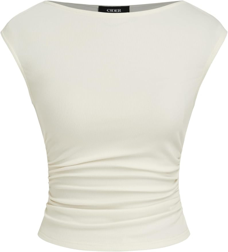 CIDER Women's Ruched Tank Top Boat Neck Sleeveless Top Knit Slim Fit Tank Top | Amazon (US)