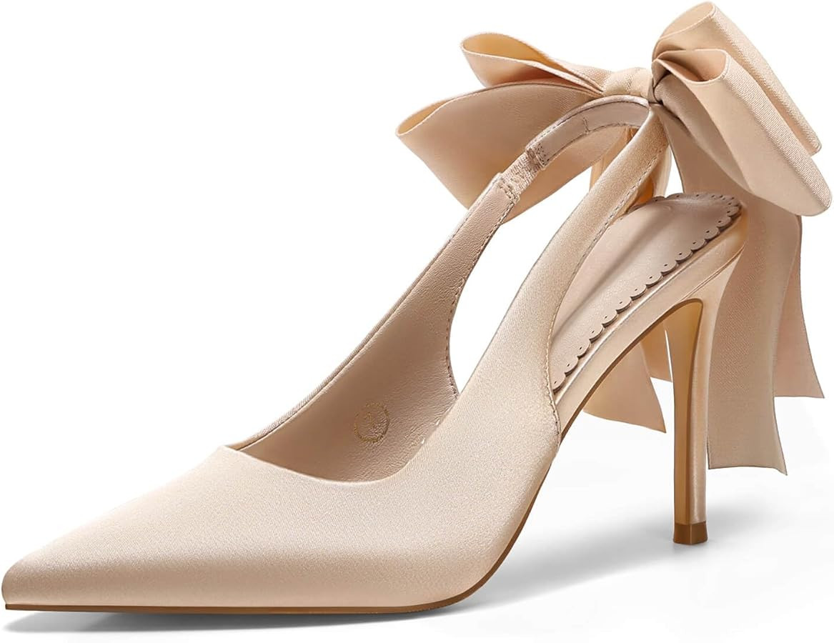 Coutgo Womens Slingback High Heels with Bow Closed Pointed Toe Wedding Bride Dress Shoes Satin Pu... | Amazon (US)